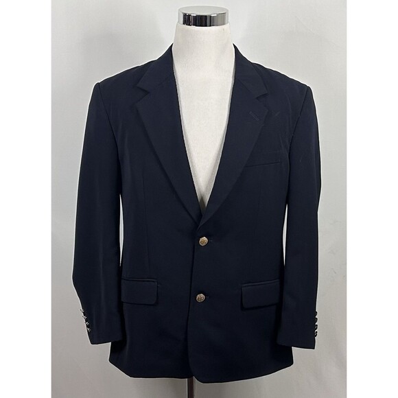 LL Bean 44R Blazer Navy Blue Gold Two Button Lined Vented Micro Polyester - Picture 2 of 7